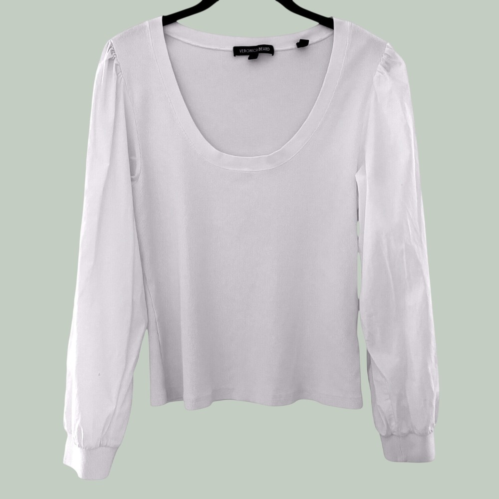 Veronica Beard Anabel White Pima Cotton Ribbed Puff Sleeve Scoop Neck Top Large
